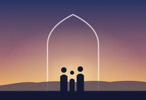 Şafakta kemerli bir kapıya yürüyen aile silüeti, illüstrasyon