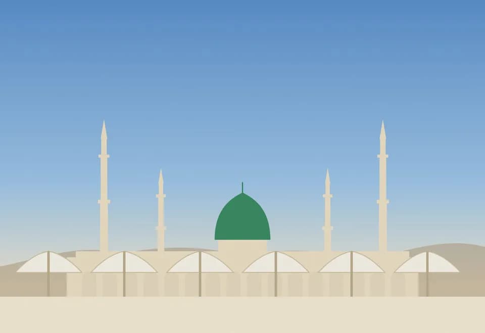 Gündüz Mescid-i Nebevi avlusu ve açık şemsiyeler, illüstrasyon