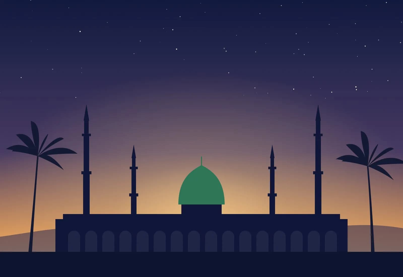 Şafak vakti Mescid-i Nebevi’nin yeşil kubbesi ve minareleri, illüstrasyon