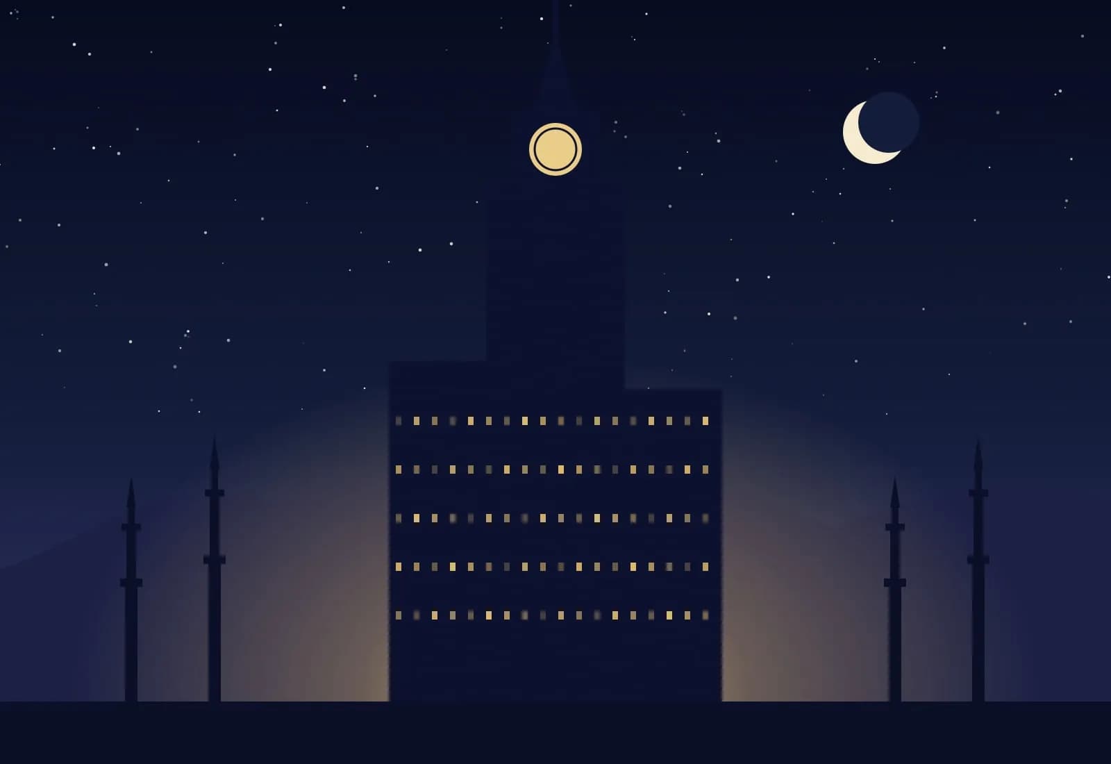 Gece vakti Mekke silüeti; saat kulesi ve minareler, illüstrasyon
