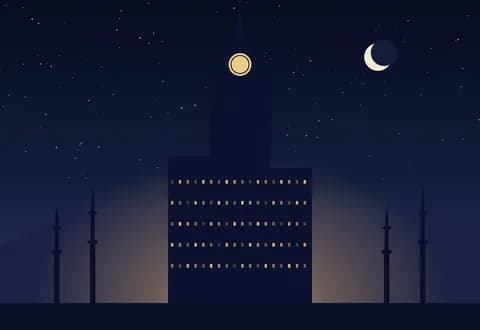 Gece vakti Mekke silüeti; saat kulesi ve minareler, illüstrasyon
