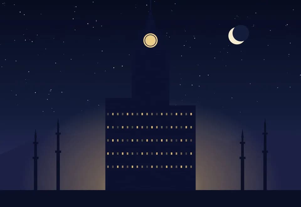 Gece vakti Mekke silüeti; saat kulesi ve minareler, illüstrasyon