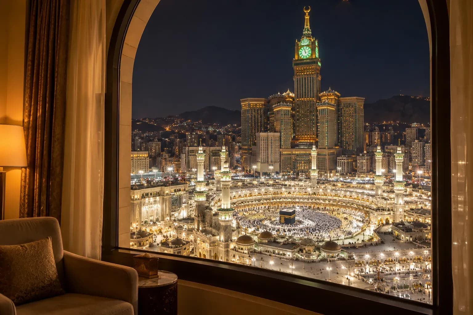 Otel penceresinden gece Harem-i Şerif ve saat kulesi manzarası