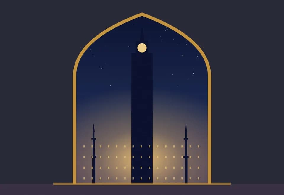 Kemerli otel penceresinden gece Harem manzarası, illüstrasyon